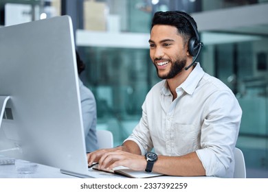 Business man, call center and web support communication at a computer in a office. Phone conversation, smile and male worker with contact us, crm and customer service job in a consulting agency - Powered by Shutterstock