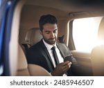 Business man, car and phone for transportation service review on luxury trip, travel and taxi or cab. Corporate lawyer reading online news on mobile, contact and email with drive to work or airport