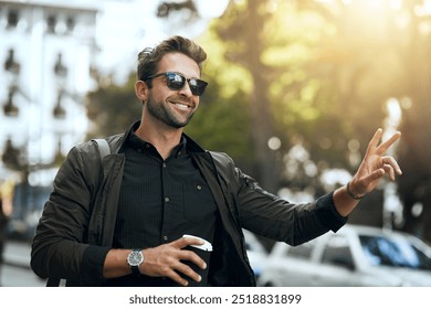 Business, man and city for hailing taxi of transport travel, street location and bus stop attention in morning. Smile, male person and coffee for commute journey, urban explore and sunglasses on road - Powered by Shutterstock