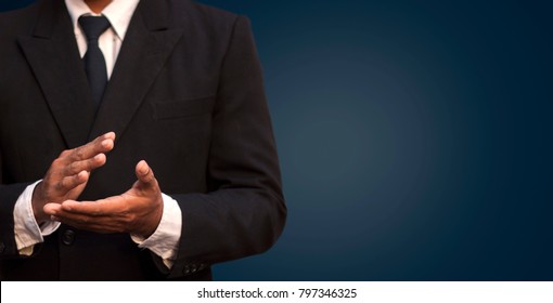 Business Man Clap Hand In Left Scene Dark Blue Background Isolated With Clipping Path In Picture.