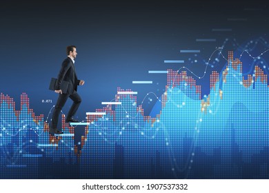 Business man climbing up on financial stock market chart. Internet trading, financial analysis and financial forecasting concept. Double exposure - Powered by Shutterstock