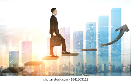 Business man climbing up stair steps to career success with business district and horizon skyline as background. Concept of business goal success, growth of career path and starting up a new business.