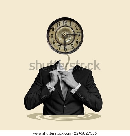 Business man with a clock instead of a head on a light background, surreal, contemporary art, collage. Deadline and time management concept