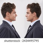 Business man, clone and face of worker with corporate career or job in studio isolated on white background. Twin, professional entrepreneur or employee together, replica or duplicate salesman in suit