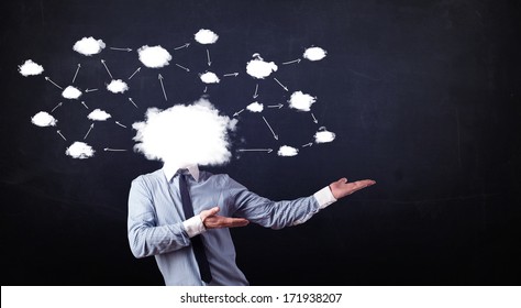 Business man with cloud network head on grungy background - Shutterstock ID 171938207