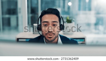 Business, man and computer with headset at call centre for customer service, online query and advice. Agent, mic and pc for consultation, client support and crm representative of technical assistance