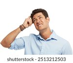 Business man, confused and thinking in studio, questions and anxiety for plan on white background. Male person, scratch head and stress for project proposal, memory fail and puzzled employee for idea