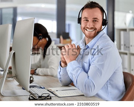 Business man, crm and portrait at a call center company with phone consultation and smile. Telemarketing, web consulting and customer service with contact us work of male employee with internet help