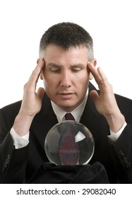 Business Man With Crystal Ball Looks For Guidance