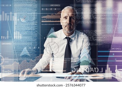 Business man, developer and overlay with code, reading and programming with user experience on system at office. Mature person, hologram and review for graphs, process or futuristic ui at IT company