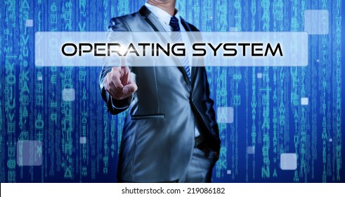 Business Man With Digital Background Pressing On Button Operating System