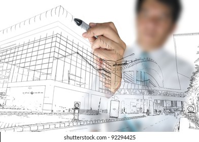 Business Man Draw Building And Cityscape