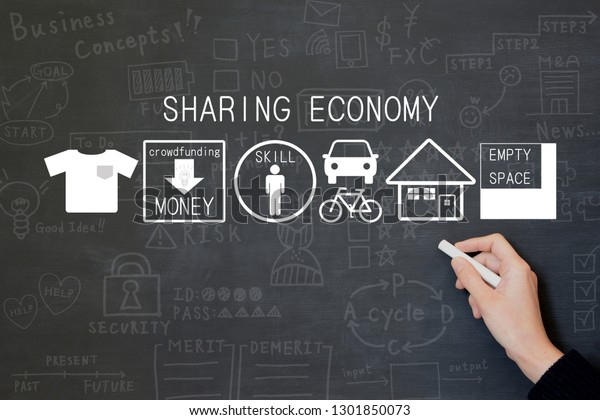Business man drawing\
sharing economy icons