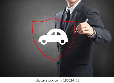 Business Man Drawing Shield Protecting Auto Car, Insurance Concept