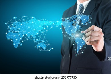 Business man drawing social network connection data diagram with world map on white board