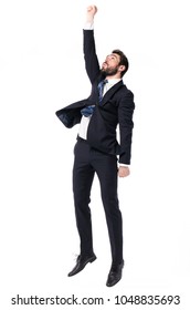 Business Man In Elegant Suit Looking Up With Interest , Arm Up, Showing Up , Wondered Isolated On White