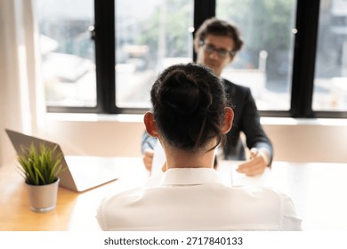 business man explain application documents and resume for match the position. company publishes vacancies online to find human. Human resource, interview, letters, competence.