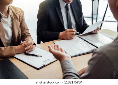 Business man explaining about his profile to two senior manager sitting in during job Interview, interview the job and hiring.