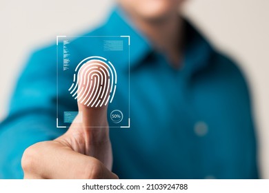 business man Fingerprint scanning and biometric authentication, cybersecurity and fingerprint password, future technology and cybernetics. - Shutterstock ID 2103924788