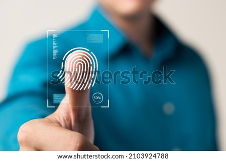 business man Fingerprint scanning and biometric authentication, cybersecurity and fingerprint password, future technology and cybernetics.