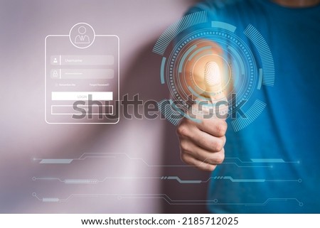 Business man Fingerprint scanning and biometric authentication, processing of biometric for access personal data. surveillance and security scanning of digital programs cyber futuristic applications. Foto stock © 