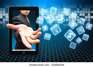 Business man give the Application icons from touch pad
