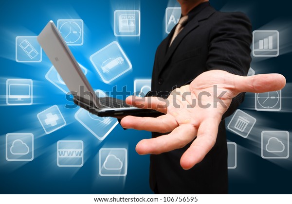 Business man give a\
hand and App store\
icon