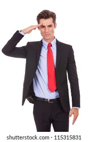 Business Man Gives Military Salute Isolated On White Background . Military Businessman Saluting