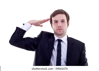 Business Man Gives Salute Isolated On White Background