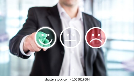 Business Man Giving Rating And Review With Happy Smiley Face Emoticon Icon. Customer Satisfaction And Service Or Product Quality Survey Or Poll. Modern Abstract Feedback Concept.