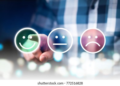 Business Man Giving Rating And Review With Happy, Neutral Or Sad Face Icons. Customer Satisfaction And Service Quality Survey. Modern Abstract Feedback Concept.