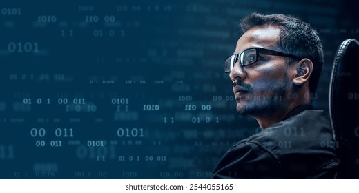 Business man with glasses in a dark room with binary code on the screen. Businessman with computer binary code on dark navy blue background with copy space banner. Tech, digital, computer concepts.