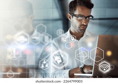 Business man, global network and hologram with laptop and digital transformation, information technology and mockup. Icons, 3D and overlay with wifi, software and app, cloud computing and database