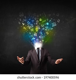 Business man with glowing media icons exploding head concept - Shutterstock ID 197400596