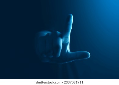 Business man hand finger touch gesture symbol human pointing sign concept on dark blue background of digital person showing blank touchscreen technology or success ideas growth development analysis. - Powered by Shutterstock