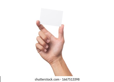 Business Man Hand Holding Business Card Isolated On White Background With Clipping Path