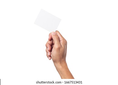 Business Man Hand Holding Business Card Isolated On White Background With Clipping Path