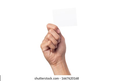 Business Man Hand Holding Business Card Isolated On White Background With Clipping Path