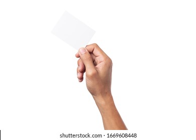 Business Man Hand Holding Business Card Isolated On White Background With Clipping Path