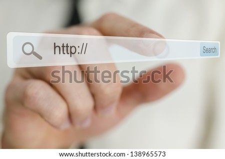 Business man hand pointing at search bar on virtual screen.