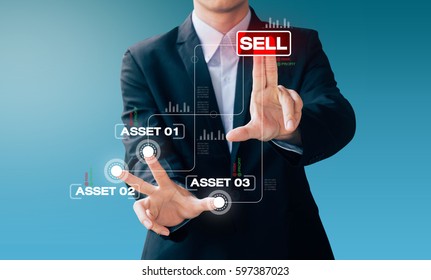 Business Man Hand Sign About Sell Asset, Internet Online Concept