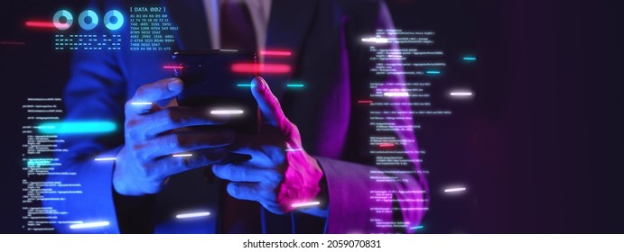 Business man hand typing on mobile phone futuristic interface data analytic graph chart background, finance online network communication digital world metaverse technology - Powered by Shutterstock