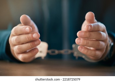 Business man, handcuffs hands and prisoner lock in jail, fraud and corruption scam, law and criminal money laundering. Crime, thief and penalty of arrested politician chain shackles for interrogation