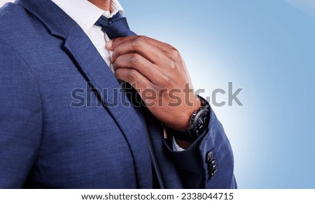 Business man, hands and fix tie for fashion, professional suit or corporate trader in studio with mockup space. Closeup of executive worker, salesman or CEO ready for job interview on blue background