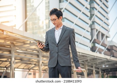 Business Man Hands Holding Mobile Phone Outdoor Surfing Internet Online Technology Lifestyle In City Street. Entrepreneur Young Man In Business Suit Hand Using Smartphone Gadget Text Message Lifestyle