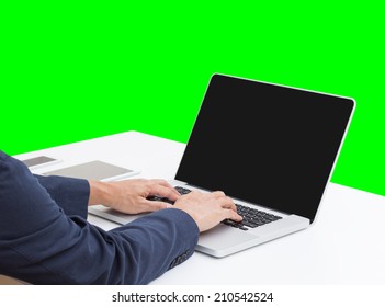 Business Man Hands Typing On Laptop Computer With Green Screen Background