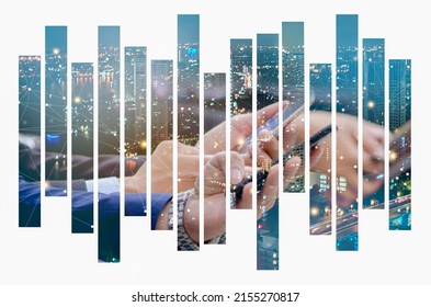 Business Man Hands Using Smart Phone On  Night City Scape Background  And Network Icons .Concept Of Business People Use Technology For Business Communication.