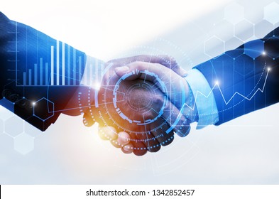 Business Man Handshake With Effect Global Network Link Connection And Graph Chart Of Stock Market Graphic Diagram, Digital Technology, Investment, Internet Communication, Teamwork, Partnership Concept