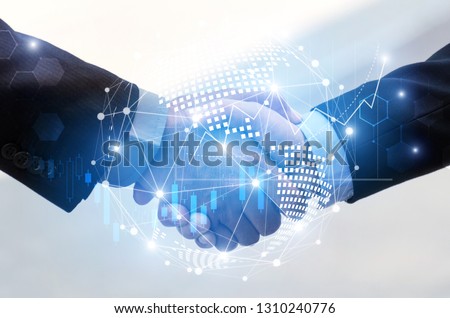 business man handshake with effect global world map network link connection and graph chart of stock market graphic diagram, digital technology, internet communication, teamwork, partnership concept