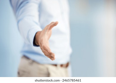 Business man, handshake offer and welcome in office, recruitment and deal or thank you gesture. Male person, pov and networking or introduction in meeting, support and greeting at job interview - Powered by Shutterstock